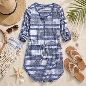 T by Talbots Dress Sz L Blue White Stripe Pockets Drawstring Nautical Cover Up